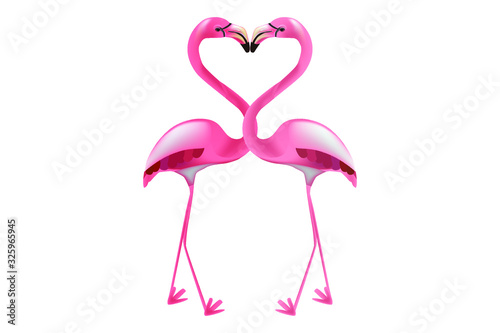 Two pink flamingos statues on isolated white backgrounds © squallice