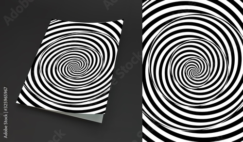 Cover design template. Black and white pattern with optical illusion. Applicable for placards, banners, book covers, brochures, planners or notebooks. 3d vector illustration.