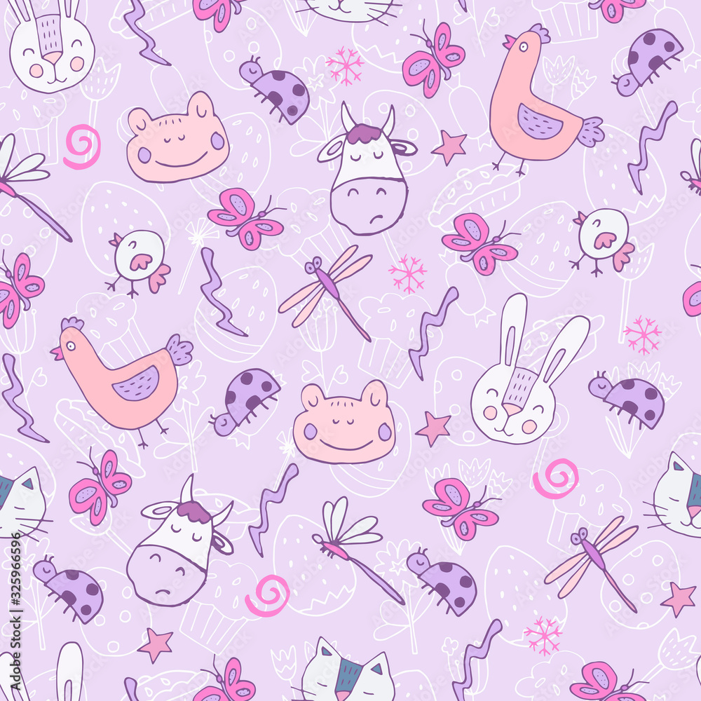 custom made wallpaper toronto digitalSuper cute hand drawn easter elements seamless pattern. Endless texture with doodle spring characters. Rabbit, bunny, hen, egg, bugs, flowers, cows. Wallpaper