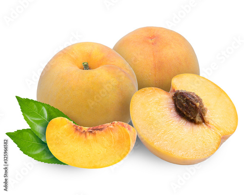 Fresh Golden Peach fruits on white background,Korean Honey Yellow Peach isolated on white background, Yellow Peach fruits With clipping path