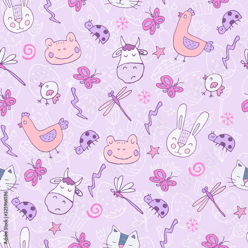 Super cute hand drawn easter elements seamless pattern. Endless texture with doodle spring characters. Rabbit, bunny, hen, egg, bugs, flowers, cows. Wallpaper