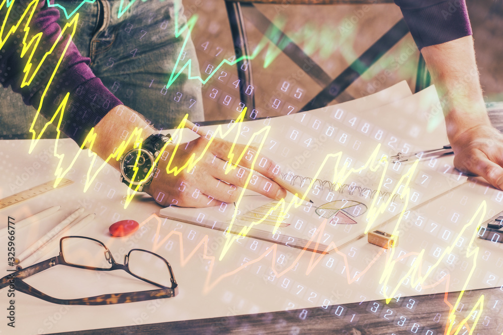 Financial trading chart double exposure with man desktop background. Financial trading chart double exposure with man desktop background.