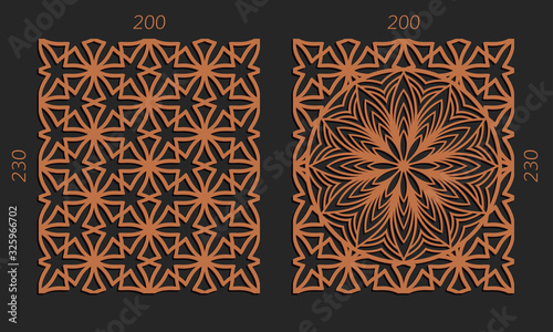 Laser cutting set. Woodcut vector trellis panels. Plywood lasercut floral design. Hexagonal seamless patterns for printing, engraving, paper cut. Stencil lattice ornaments.