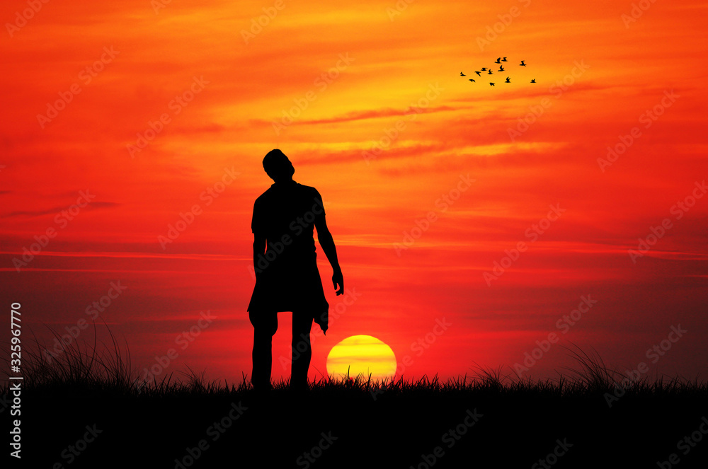 man looks at the sunset sky