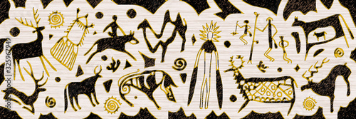 Panel on the ethnic theme. A series of petroglyphs, rock paintings of Central Asia, vector design. 