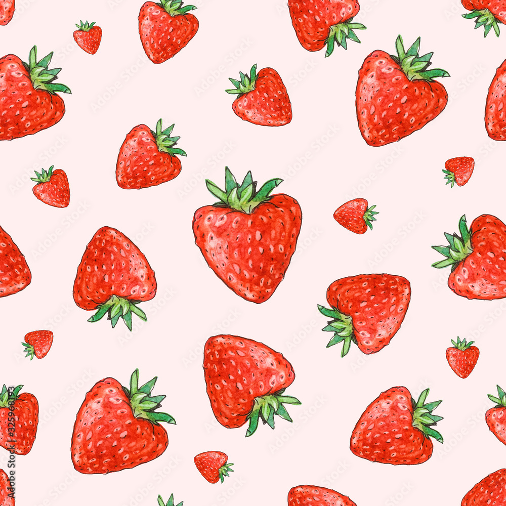 Bright watercolor raster pattern with strawberries on a soft pink background Bright watercolor raster pattern with strawberries on a soft pink background