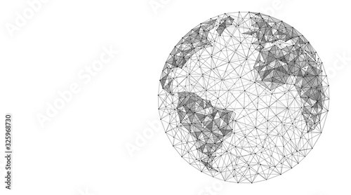 World map. The concept of a global digital network. Wireframe connection of lines and points. Low-poly vector illustration. Structure of the particle system.