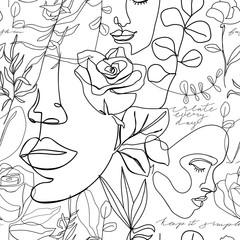 Fototapete Einlinien-Muster Frauengesicht mit Blüten Kalligrafie Muster  © CoCoArt_Ua