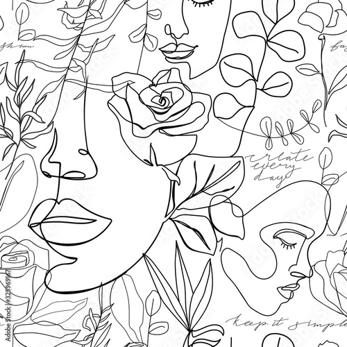 Contemporary seamless pattern. One line continuous woman face, flowers, leaves and caligraphy phrase. Texture for textile, packaging, wrapping paper, social media post etc. Vector illustration.