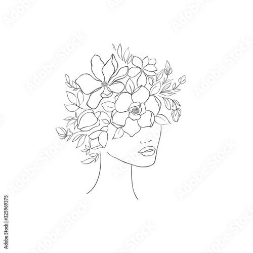 Hand drawn floral women head. Fashion design.