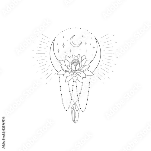 Decorative mystery floral design with Moon and Lotus. Tattoo or t-shirt print.