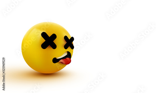 Dead face emoji. Cross eyes emoticon 3d rendering.