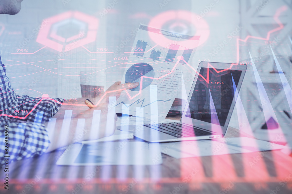 Multi exposure of financial graph with man works in office on background. Concept of analysis. Multi exposure of financial graph with man works in office on background. Concept of analysis.