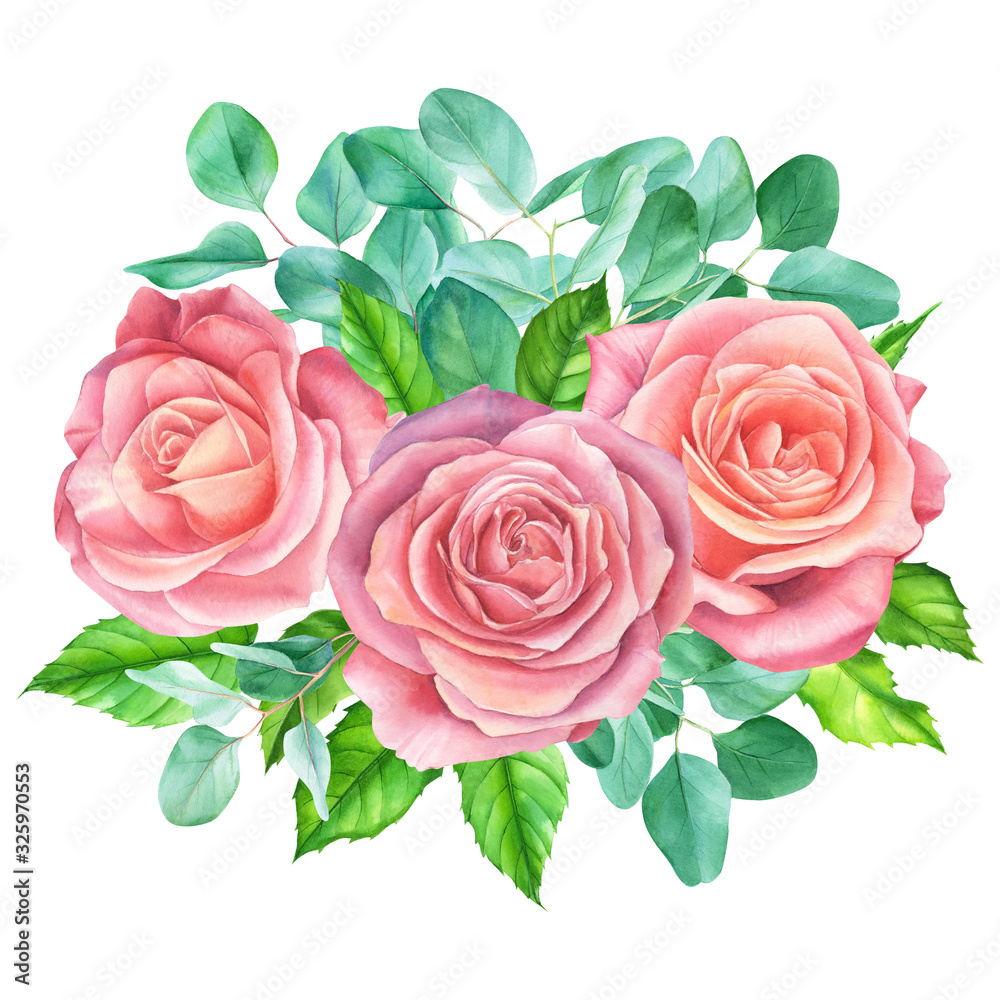 bouquet of light flowers of pink roses and eucalyptus leaves, watercolor illustration, flowers on an isolated white background bouquet of light flowers of pink roses and eucalyptus leaves, watercolor illustration, flowers on an isolated white background