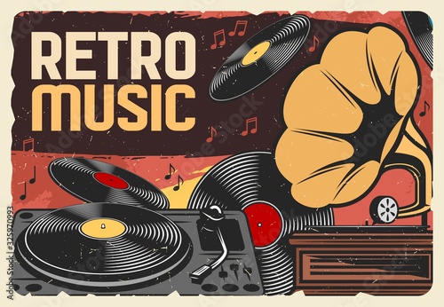 Vinyl records retro music and vintage gramophone grunge poster. Vector record player and phonograph with musical notes and disks, disco party or dance club design