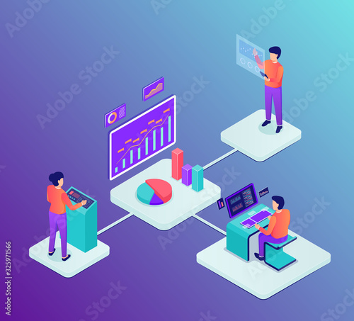 business and technology workflow development with team people work together for future science with isometric style