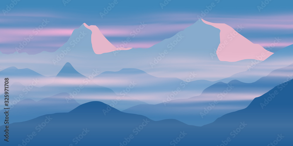 Fantasy on the theme of the evening landscape, sunset in the mountains, panoramic view