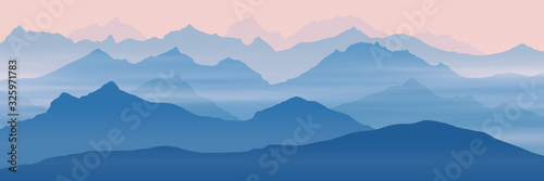 Fantasy on the theme of the morning landscape, sunrise in the mountains, panoramic view, vector illustration