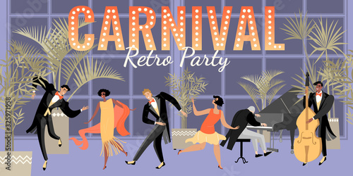 Invitation banner for a carnival party in the style of the 1920s with musicians and people dancing charleston