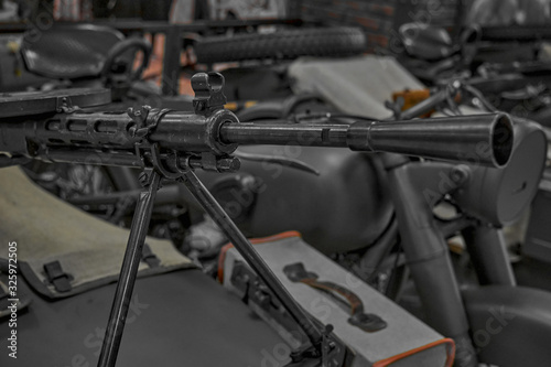 The German machine gun of the Second World War. A gun on a motorcycle. The weapons of the Reich soldiers.