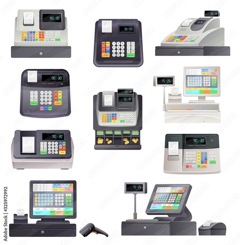 Cash register machine terminal, scanner and checkout counter. Vector retail point and pos terminal sale equipment. Cashiers of store with money boxes, receipt printers, displays and barcode readers