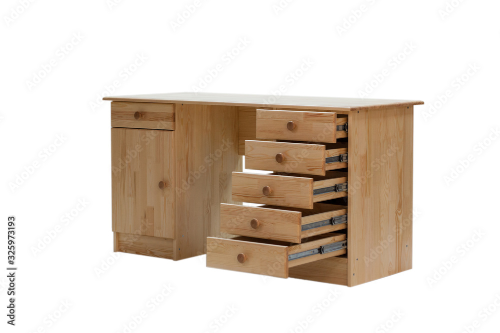 Classic desk with an open drawers, side view, isolated on a white background.