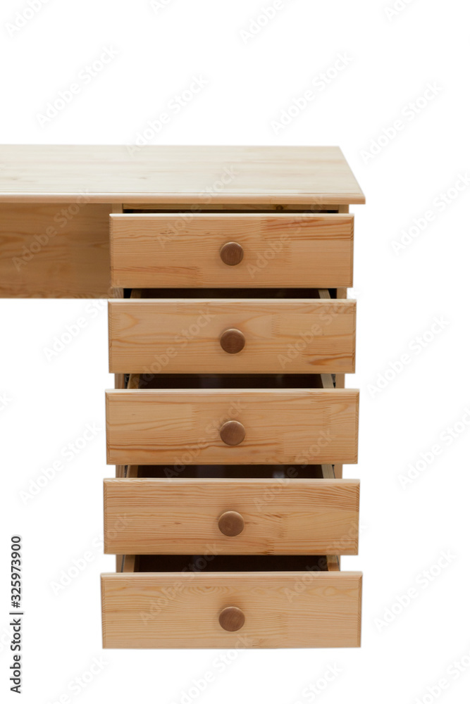 An open drawers of a desk. Classical writing desk with drawers isolated on a white background. An open drawers of a desk. Classical writing desk with drawers isolated on a white background.