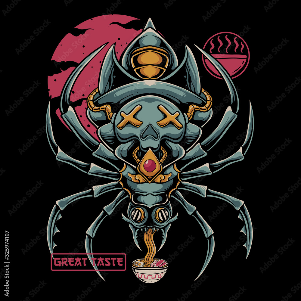 Spider eat ramen noodles with red moon on the background. Ancient spider illustration. Japanese art for t-shirt design, stickers, or poster