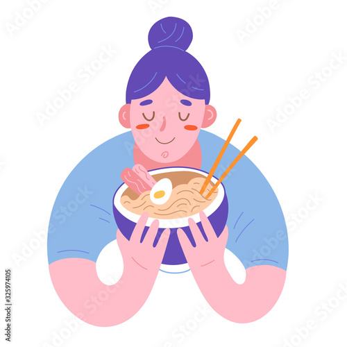 Woman having enjoying ramen, illustration of cute character holing a bowl with hot japanese noodle soup, traditional dish with browth and chopsticks. Flat hand drawn cartoon drawing, isolated art