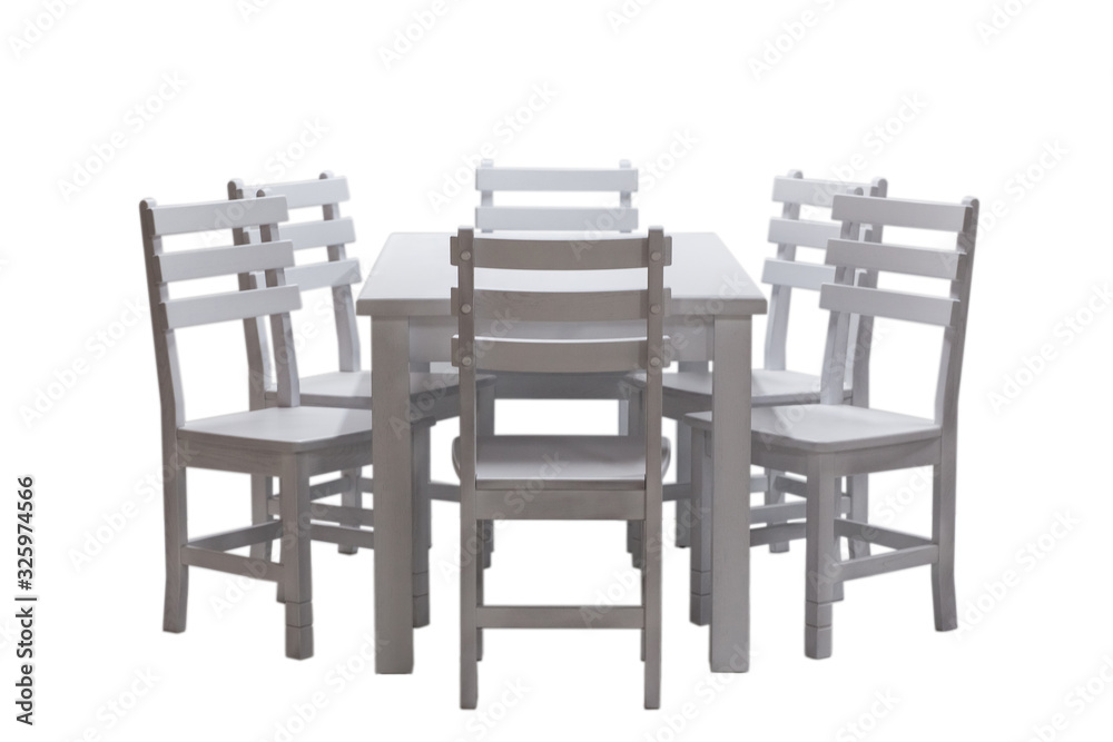 White table and six chairs for kitchen, isolated on white background, front view. Classical furniture made of natural wood.
