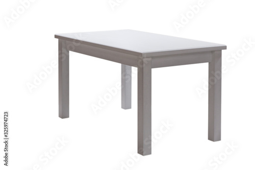 Classical white kitchen table, isolated on white background, side view. Furniture made of natural wood.