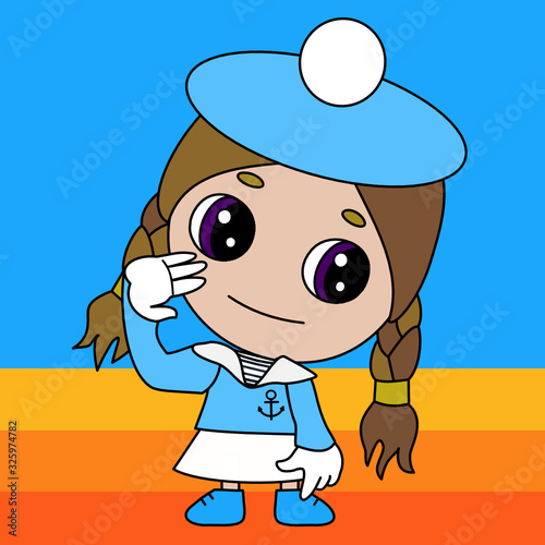 emoji with French sailor girl salutes by putting his hand to head wearing traditional uniform with beret with pompon and striped shirt, simple colored emoticon
