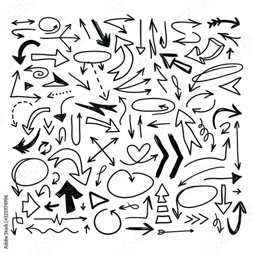 Set of hand drawn object for design use. Black doodle arrows on white background. Abstract pen drawing. Vector art illustration