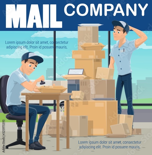 Post office, mail sorting center, postman sorting boxes and stamping envelope letters. Vector cartoon mailman at post warehouse. Parcels and order boxes, international express delivery service