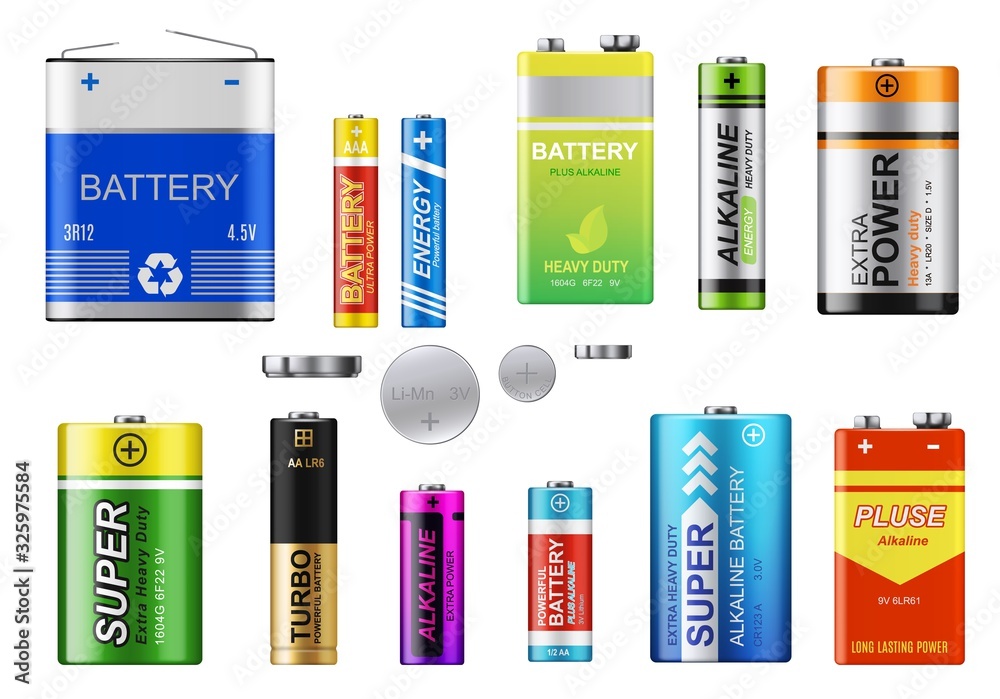 Batteries, accumulators and button cells vector set. Realistic primary