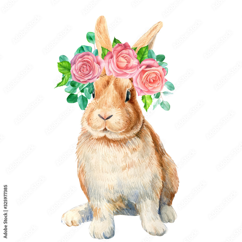 Obraz Bunny with flowers on isolated white background, greeting card, roses, eucalyptus leaves, rabbit, watercolor illustration