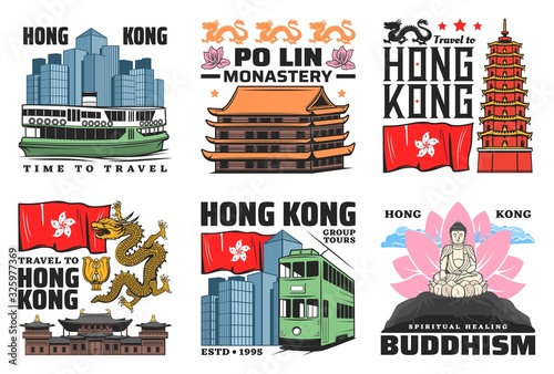 Hong Kong travel landmark buildings vector icons. Tian Tan Buddha, Thousand Buddhas temple tower and Po Lin monastery pagoda, Chi Lin nunnery and double-decker, ferry and dragon