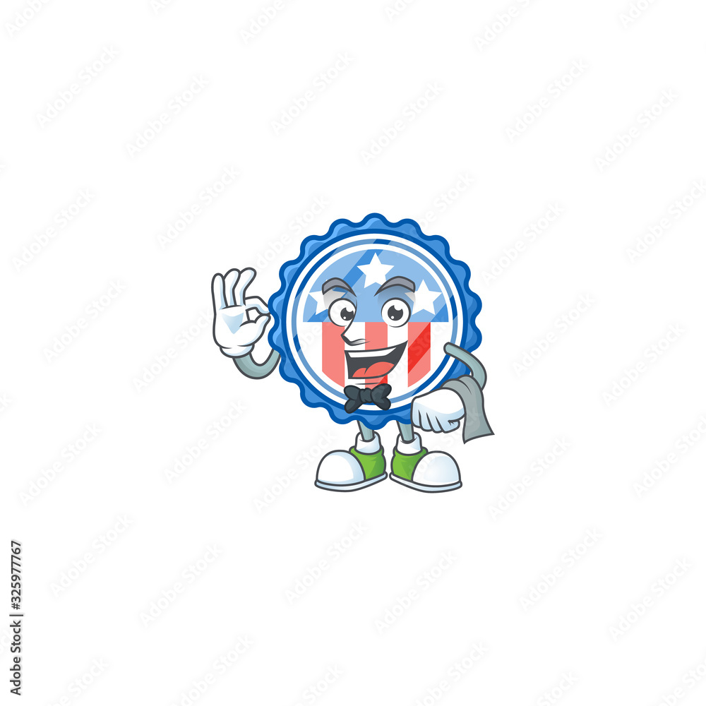 A circle badges USA with star cartoon mascot working as a Waiter