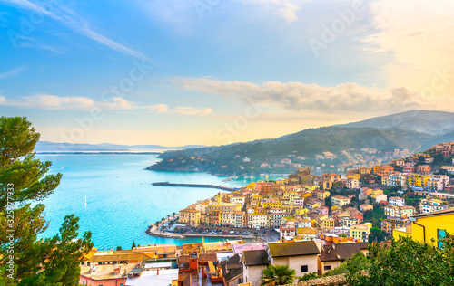 Porto Santo Stefano village, church and castle aerial view. Argentario, Tuscany, Italy