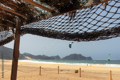 White sand beach where Kitesurfing is practiced on the island of Sao Vicente in Cape Verde