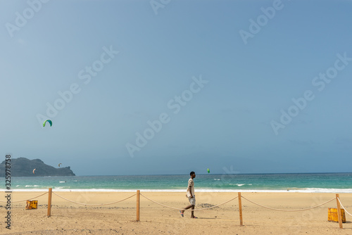 White sand beach where Kitesurfing is practiced on the island of Sao Vicente in Cape Verde
