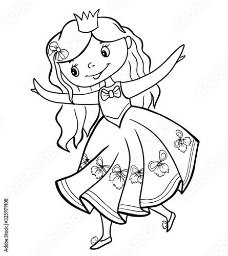 princess girl having fun in a lush dress crown vector coloring baby page illustration outline stroke character isolate