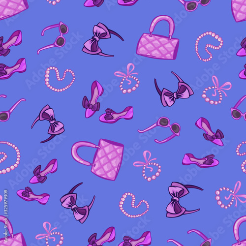 seamless pattern handbags and shoes accessories bracelets glasses female girl background fashion wrapper banner wallpaper vector