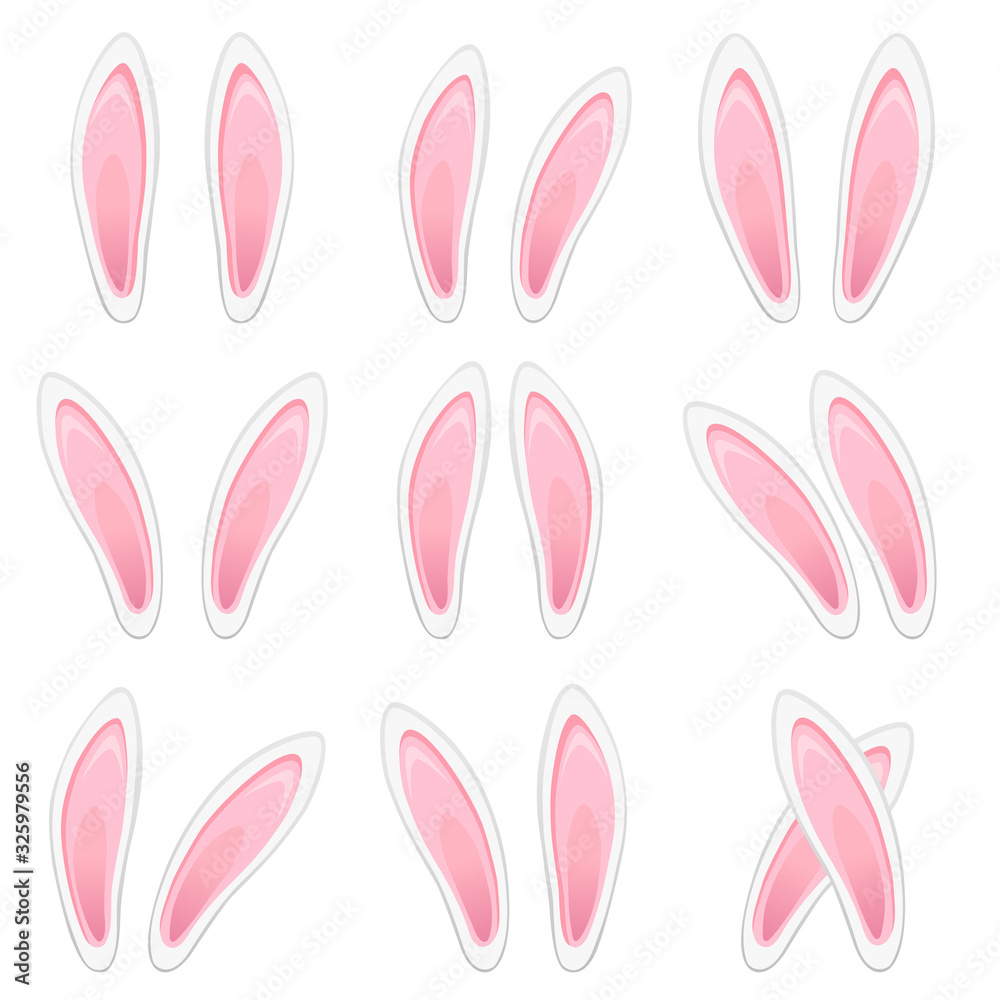 Easter bunny ears stickers collection. Set of masks Rabbit ear isolated on white background. Vector illustration