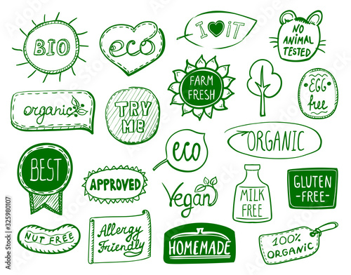 Set of eco symbols - bio, eco, organic, vegan, milk free, nut free, approved, homemade, egg free, best product, allergy friendly, try me, farm fresh, no animal tested