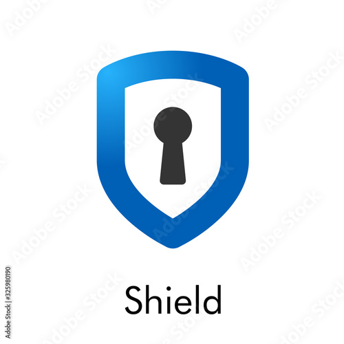 Símbolo seguridad. Icono plano lineal escudo con cerradura en azul y gris