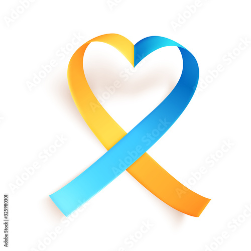 Heart shaped blue yellow ribbon over white background. Template symbol for World down syndrome day. March 21. Vector illustration.