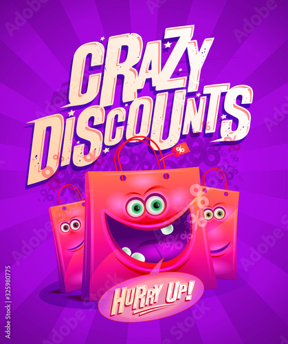 Crazy discounts sale banner with shopping bags