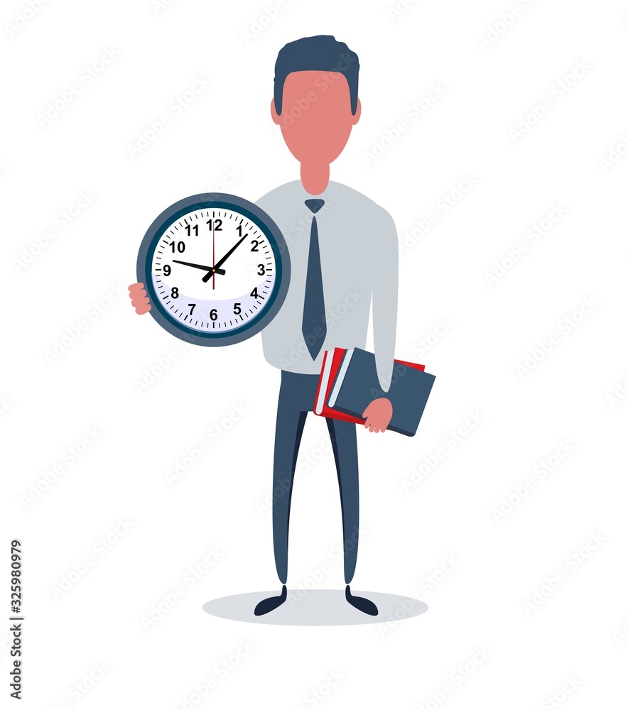 Businessman or clerk. Male character in trendy simple style with objects, flat vector illustration. Business concept. Isolated on white background. Businessman or clerk. Male character in trendy simple style with objects, flat vector illustration. Business concept. Isolated on white background.