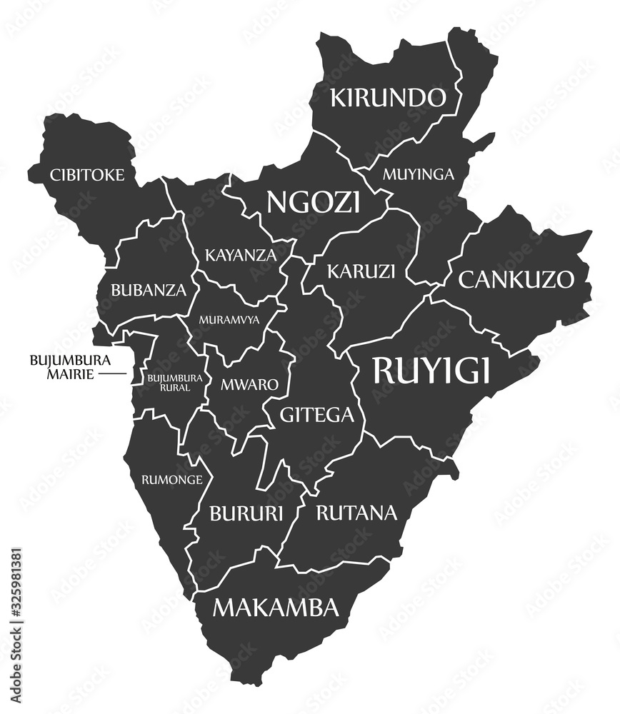 Burundi black map with province labels